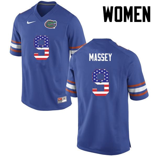 Women's NCAA Florida Gators Dre Massey #9 Stitched Authentic USA Flag Fashion Nike Blue College Football Jersey GNL7165MU